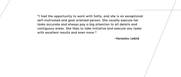Sofia Zelenova testimonial from Yaroslav Lebid